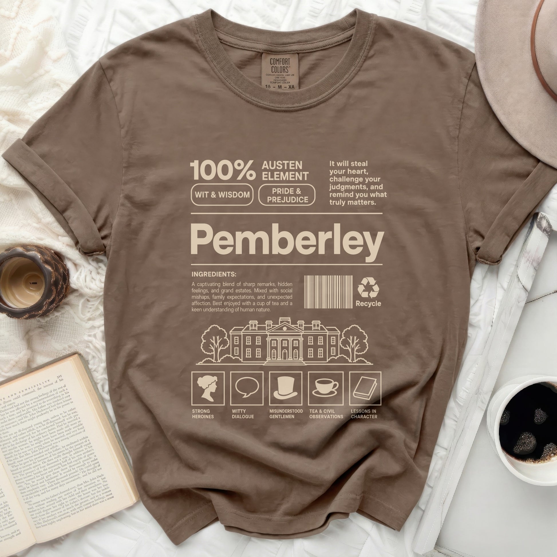 Brown t-shirt with Pemberley and Austen Element design, including a house.