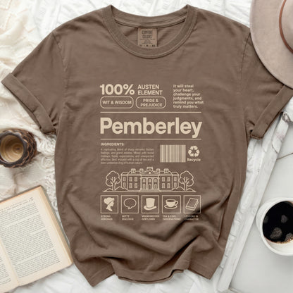 Brown t-shirt with Pemberley and Austen Element design, including a house.