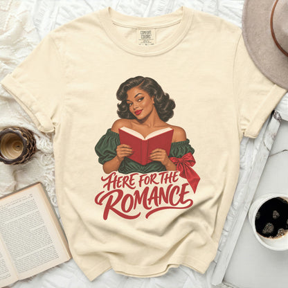 Cream t-shirt with retro woman reading red book and text "Here for the Romance".