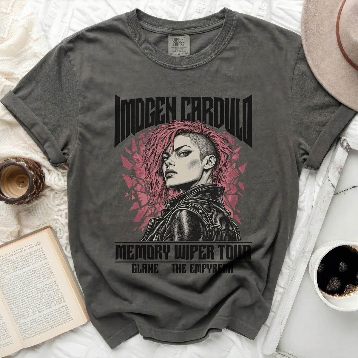 Imogen Cardui Memory Wiper Tour graphic t-shirt with punk style woman illustration.