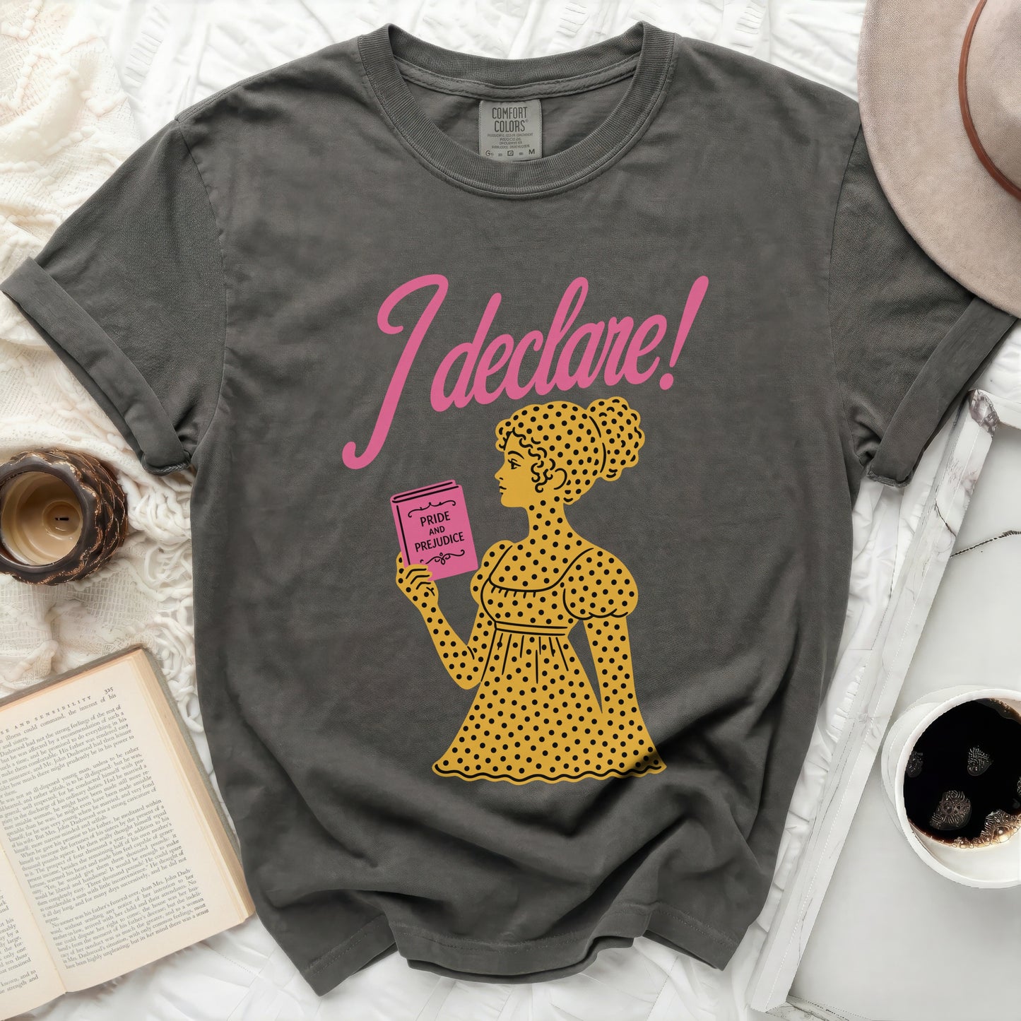 Gray t-shirt with "I declare!" and "Pride and Prejudice" illustration.