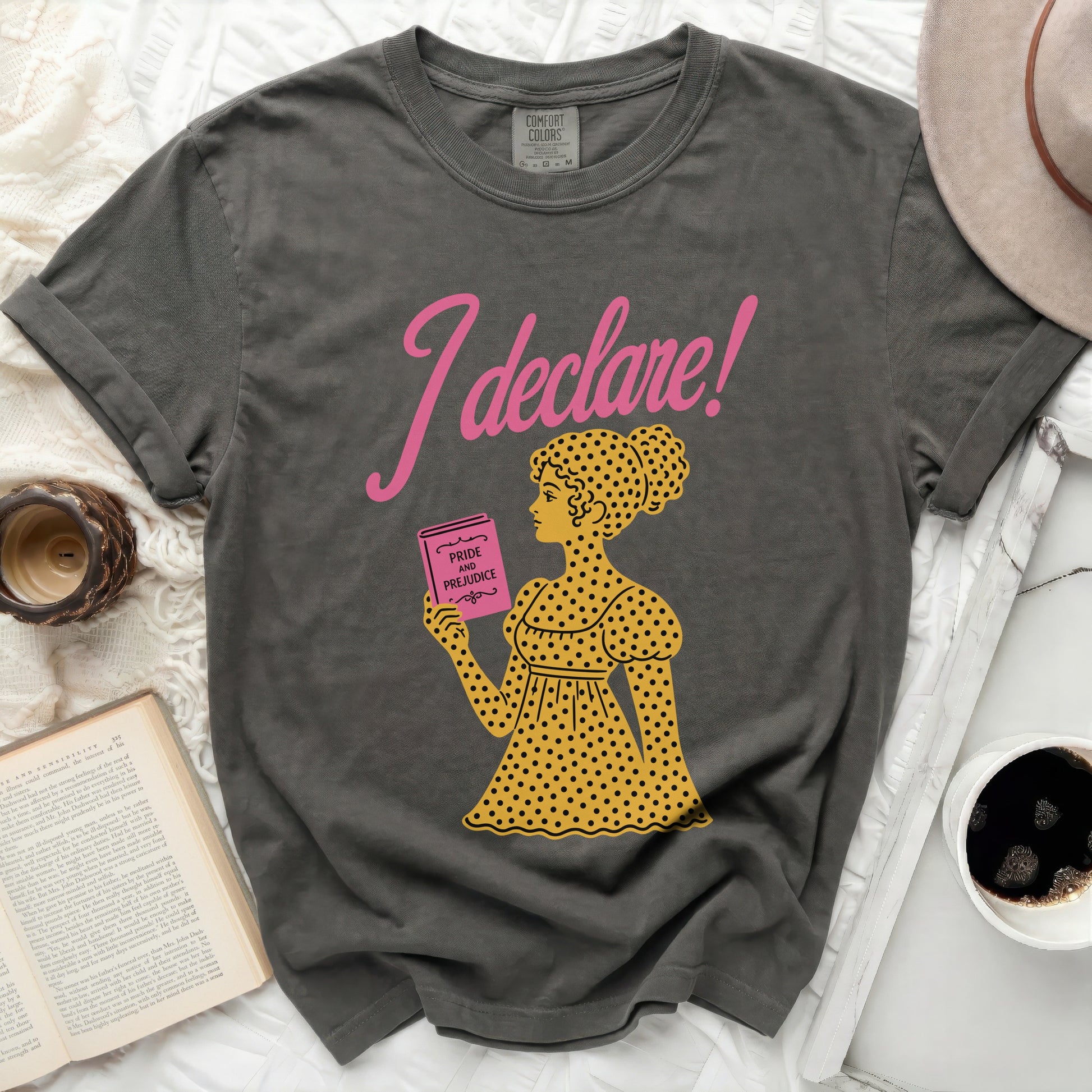 Gray t-shirt with "I declare!" and "Pride and Prejudice" illustration.