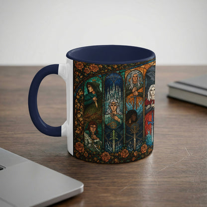 Mug with stained glass design featuring characters and swords, bordered by roses.