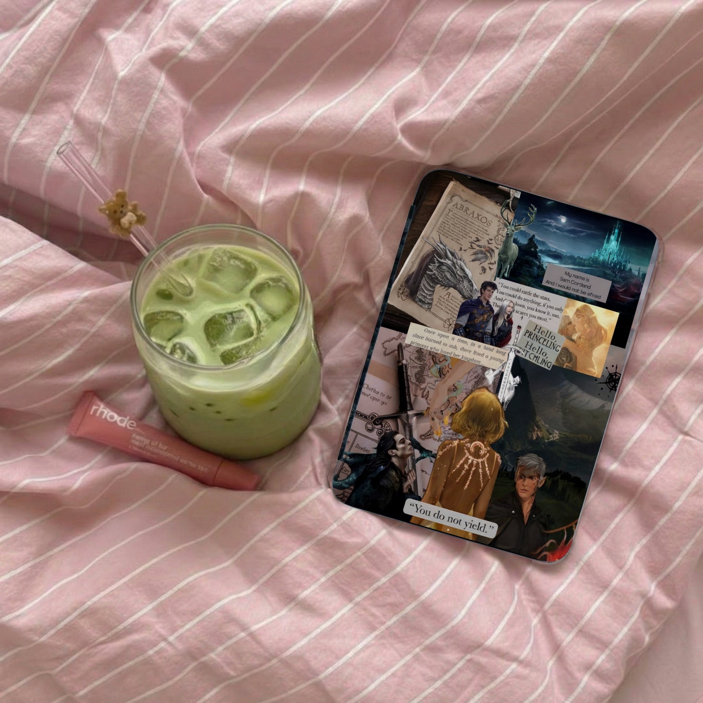 Pink Striped Matcha Latte Bookish Fantasy Phone product type