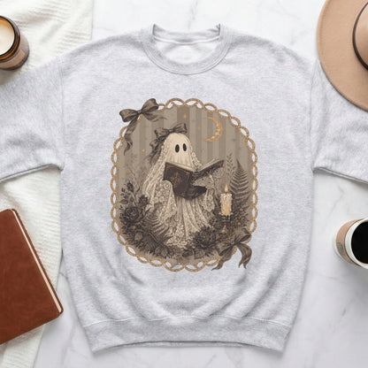 Ghost in lace reading a book with a moth, candle, and crescent moon.