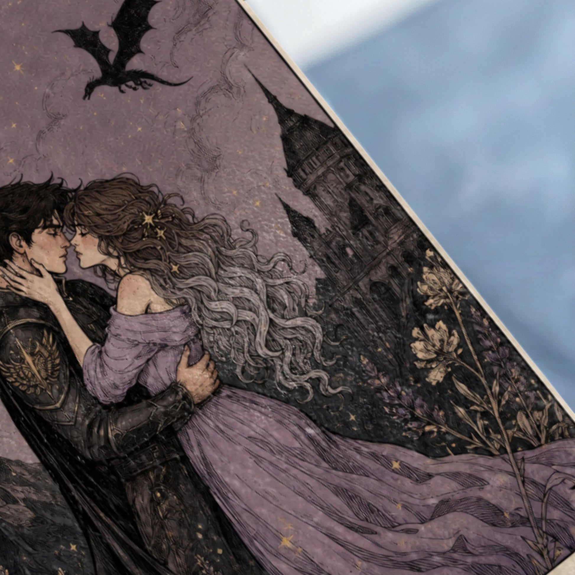Couple kissing with dragon and castle in background; romantic fantasy art illustration.