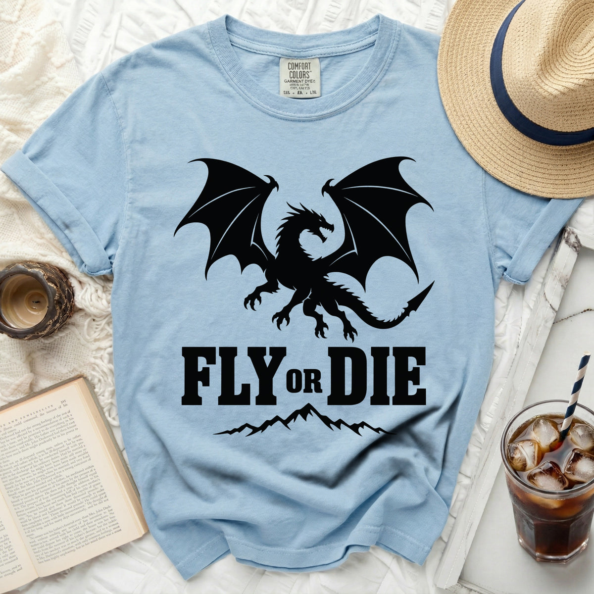 Light blue t-shirt with black dragon graphic and "Fly Or Die" text.