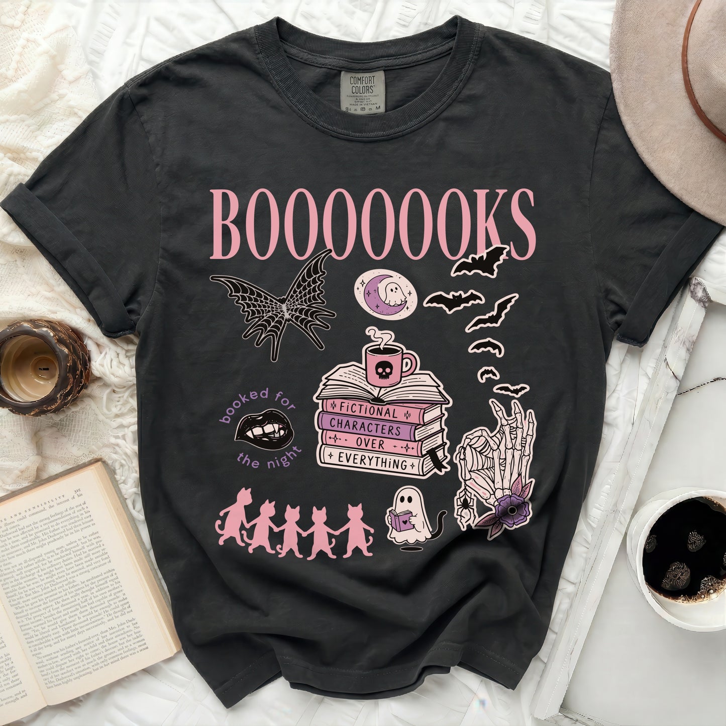 Dark gray t-shirt with "BOOOOOOKS" and Halloween-themed graphics.
