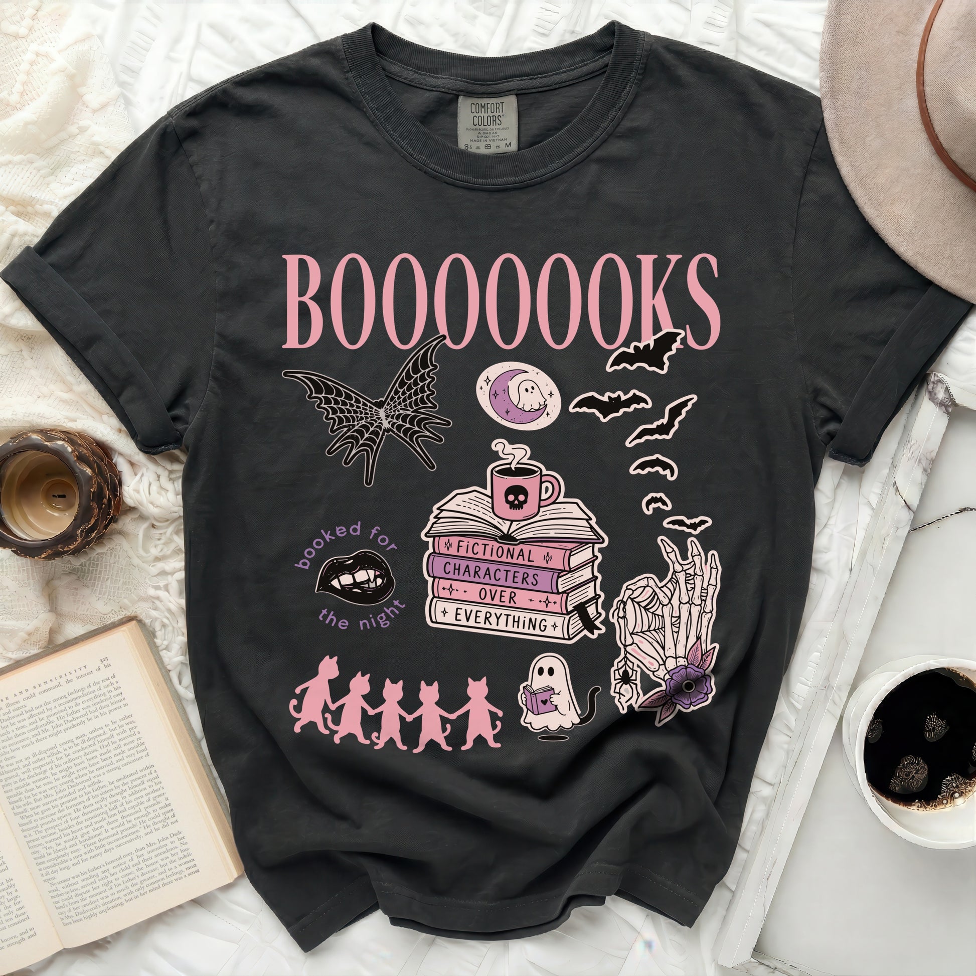 Dark gray t-shirt with "BOOOOOOKS" and Halloween-themed graphics.