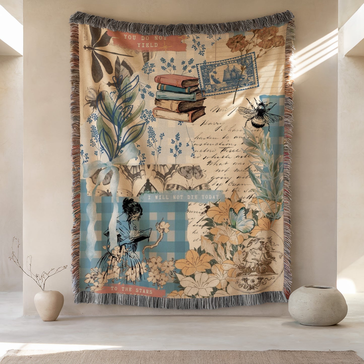 a large tapestry hanging on a wall, depicting various floral and nature-inspired elements, including a woman, flowers, and a bee.