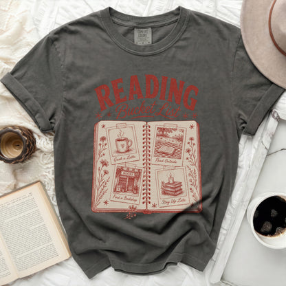 Dark grey t-shirt with "Reading Bucket List" graphic and four book-themed activities.