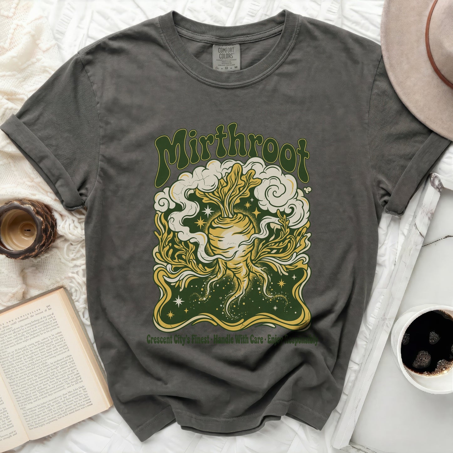 Dark grey t-shirt with "Mirfthroot" and root vegetable graphic.