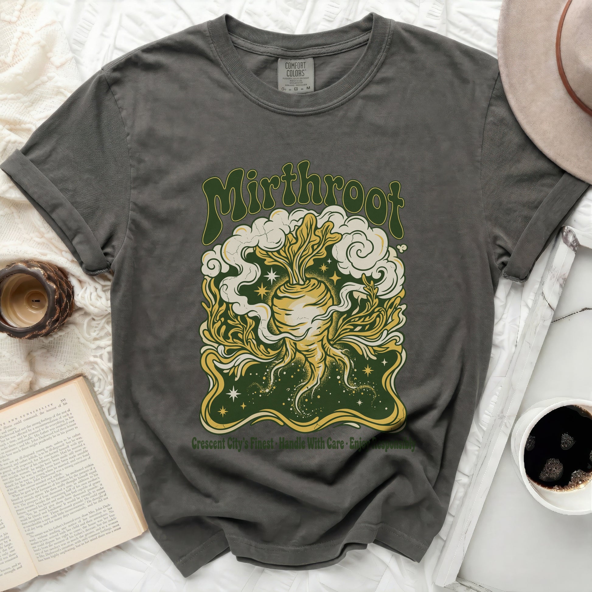 Dark grey t-shirt with "Mirfthroot" and root vegetable graphic.
