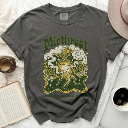 Dark grey t-shirt with "Mirfthroot" and root vegetable graphic.