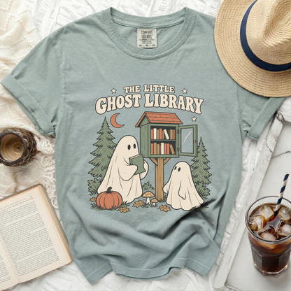 The Little Ghost Library graphic tee with two ghosts and a library.
