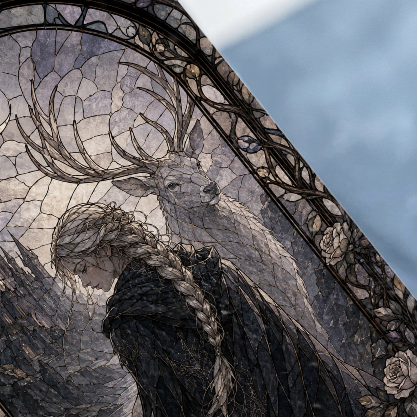 Stained glass art of a woman and a deer with feathered wings and floral border.