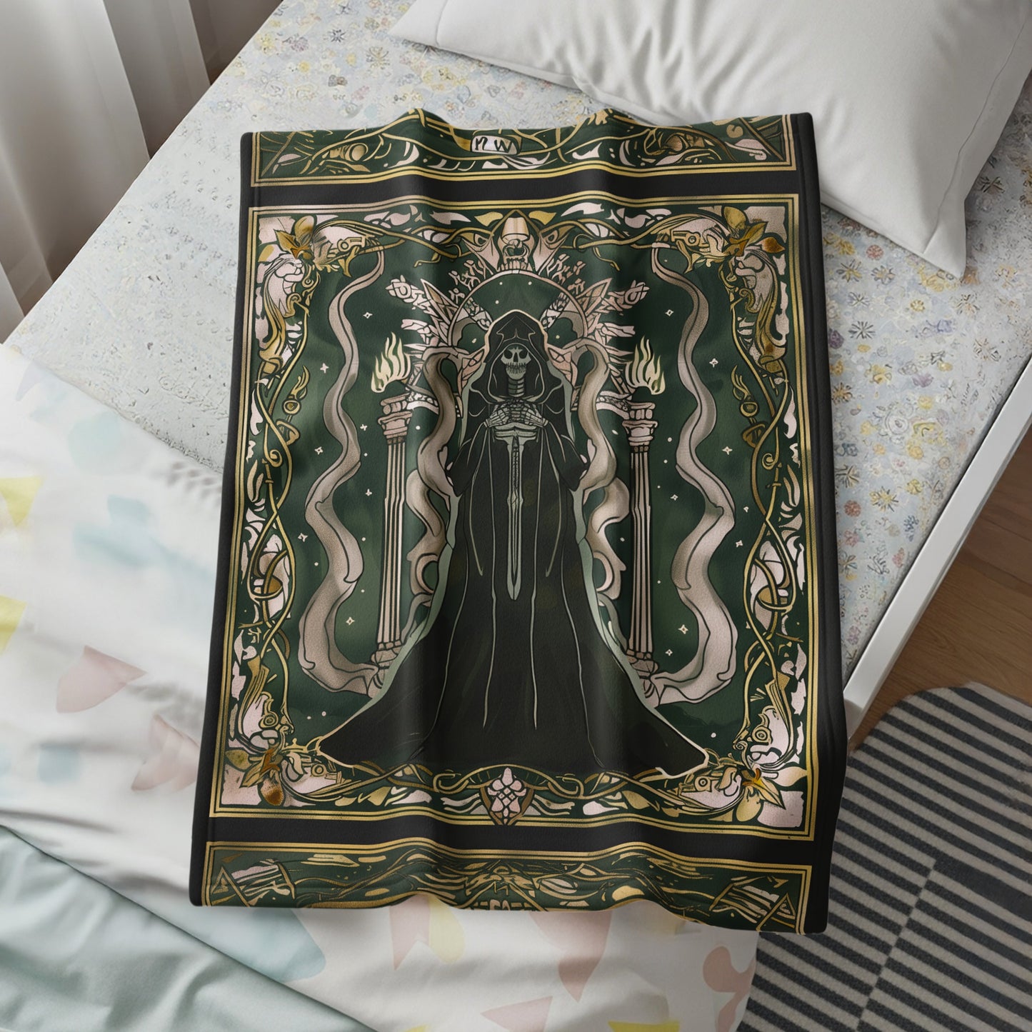 Mystical Dark Hooded Figure With Torches Design Blanket