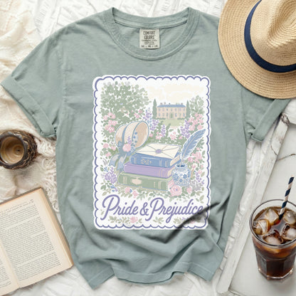 Green t-shirt with Pride & Prejudice book illustration and text.