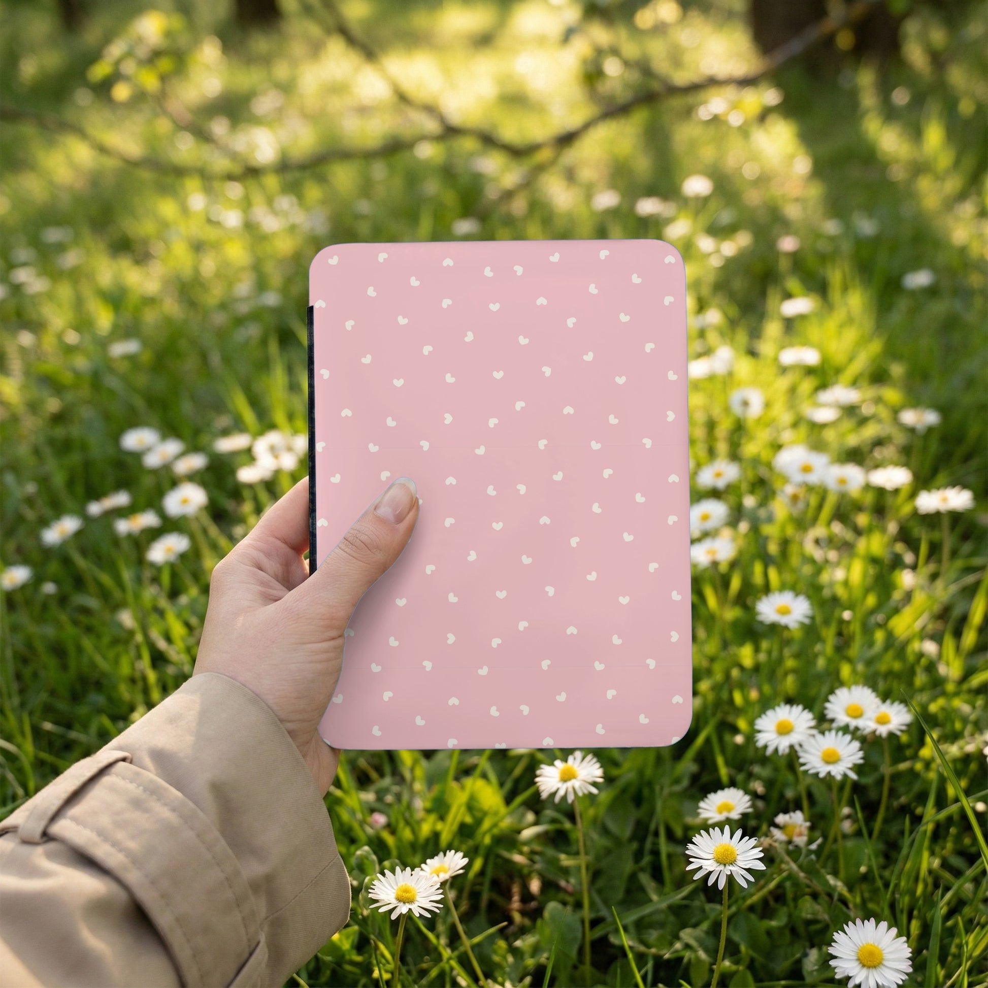 Pink Tablet Cover with White Heart Pattern Design