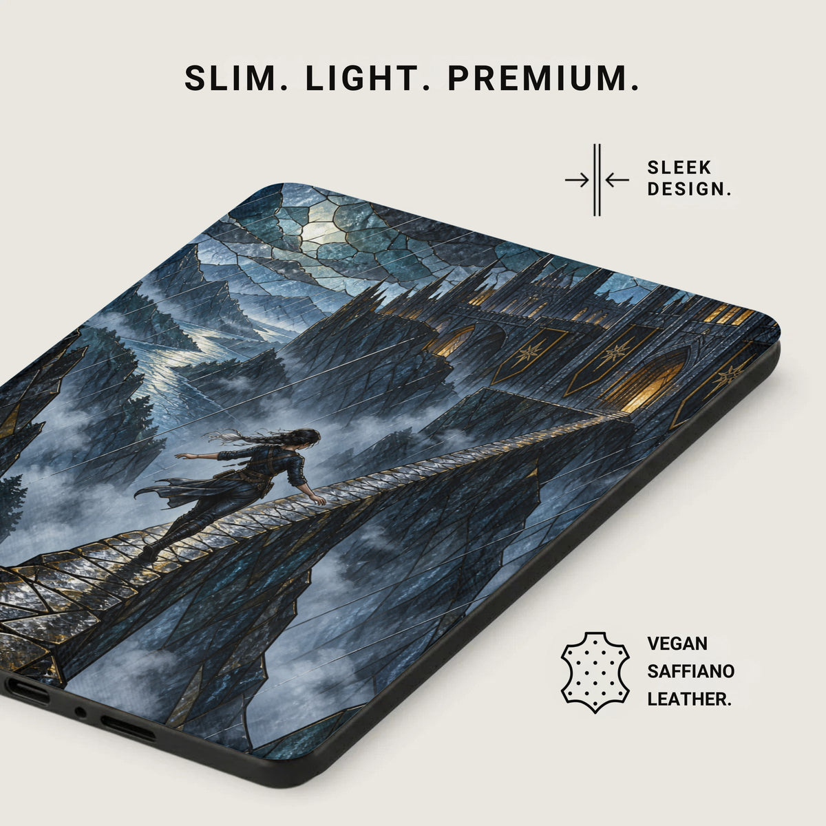 Phone case with a fantasy castle and woman art, vegan saffiano leather.