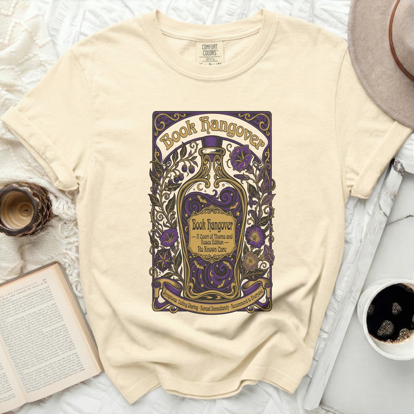 Book Hangover t-shirt with "A Court of Thorns and Roses Edition" and symptoms.