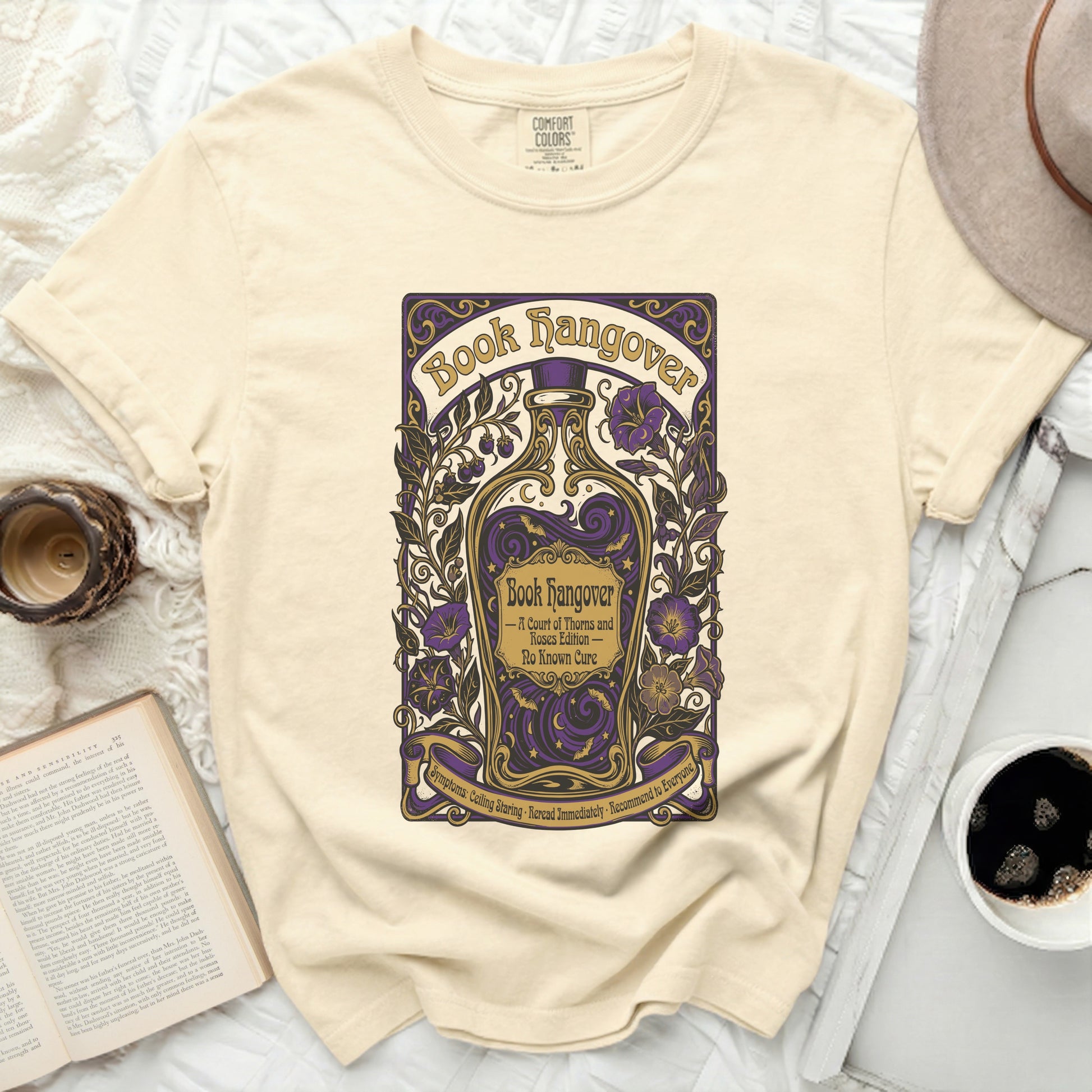 Book Hangover t-shirt with "A Court of Thorns and Roses Edition" and symptoms.