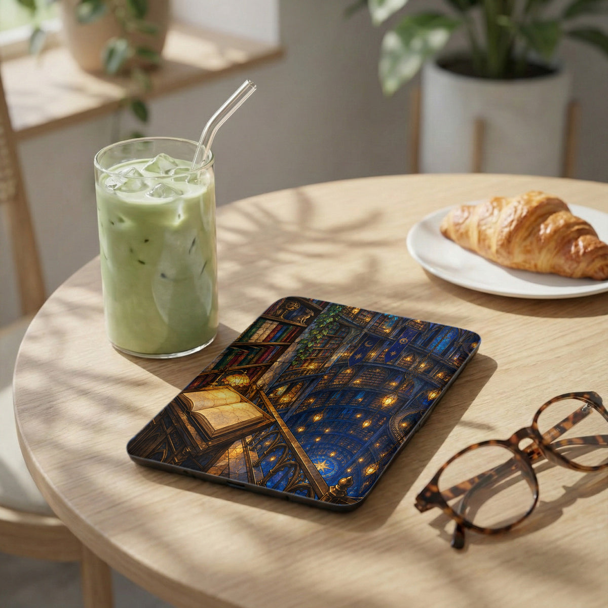 Tablet with enchanted library and celestial design, next to a drink and croissant.