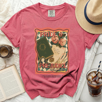 Pink t-shirt with "Pride & Prejudice by Jane Austen" graphic.