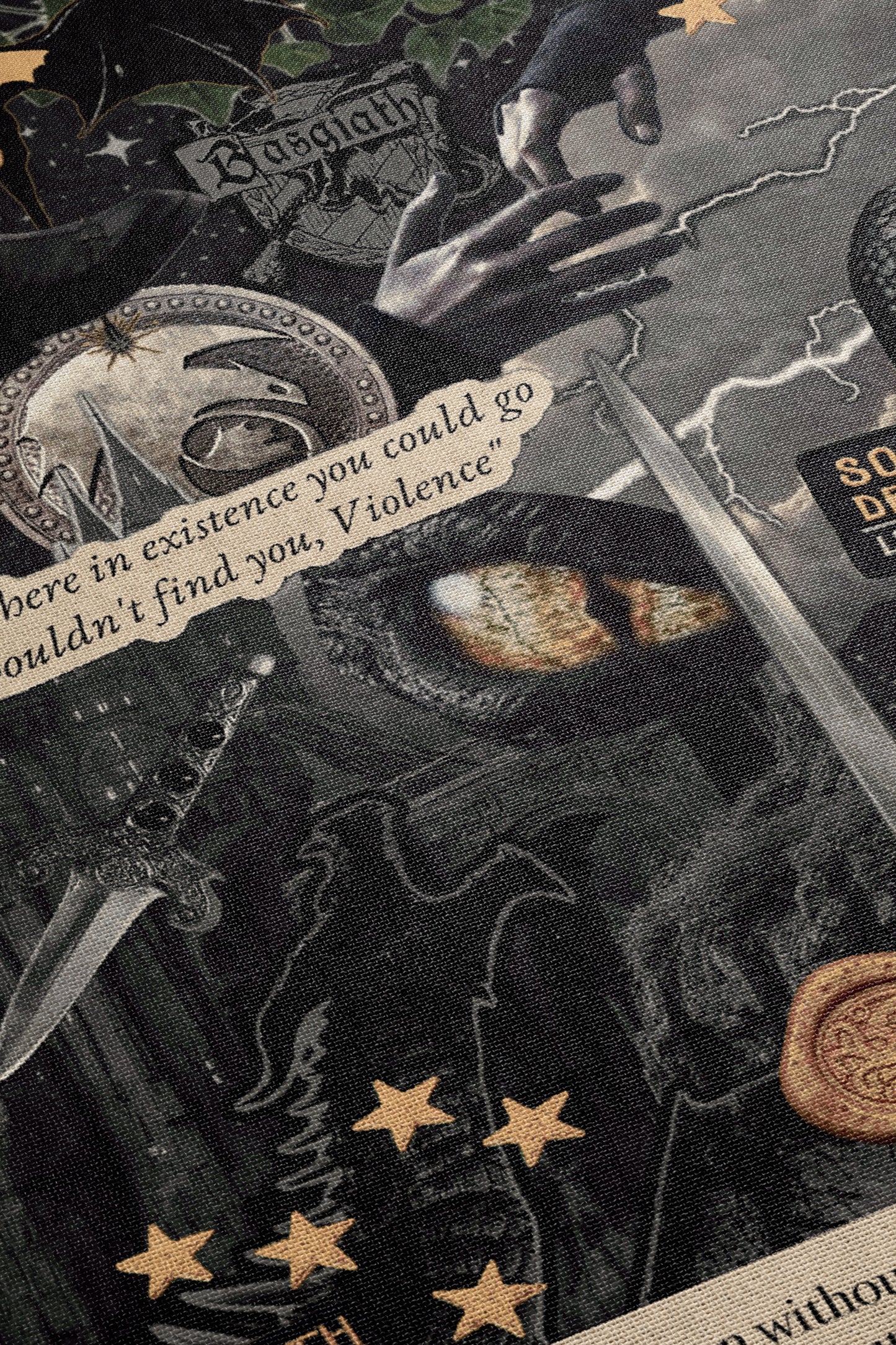 The image is a collage of various elements, including a sword, a skull, and stars, all set against a dark background. There is also text present in the image, but it is not clear enough to transcribe accurately. The image does not contain any specific objects or actions that can be described in detail, and there are no clear phrases or statements that can be attributed to the image.