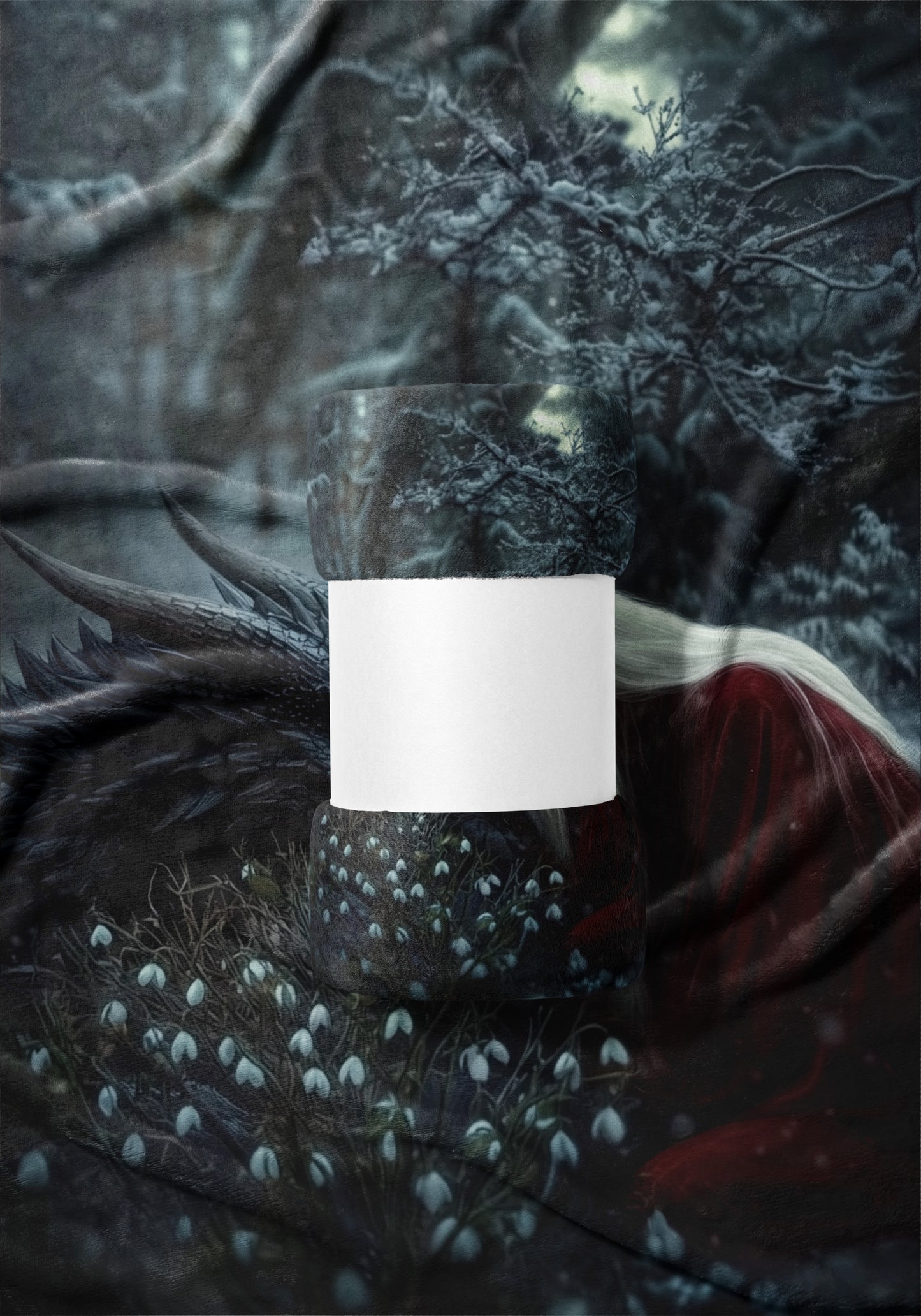 Dark Fantasy Forest Scene with Snowdrops Blanket