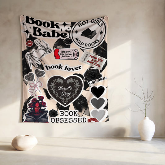 Tapestry with "Book Babe," "Hot Girls Read Books," and "Morally Grey" motifs.