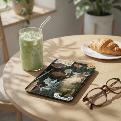 Tablet case with fantasy art and "Book Lover" text, next to a drink and croissant.