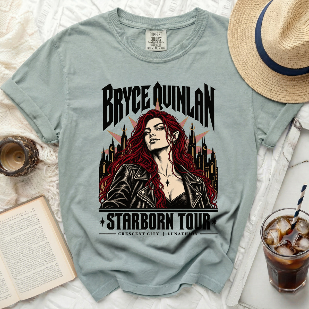 Bryce Quinlan Starborn Tour t-shirt with graphic of woman and cityscape.