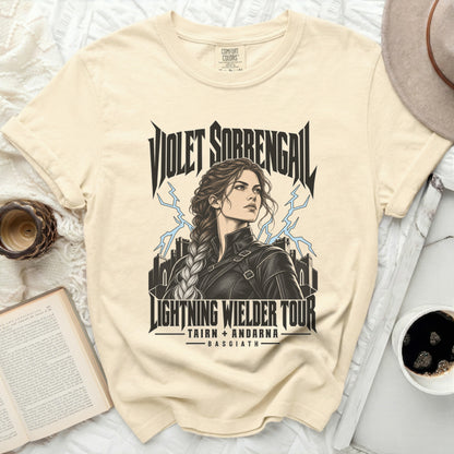 Cream t-shirt with "Violet Sorrengail Lightning Wielder Tour" graphic.