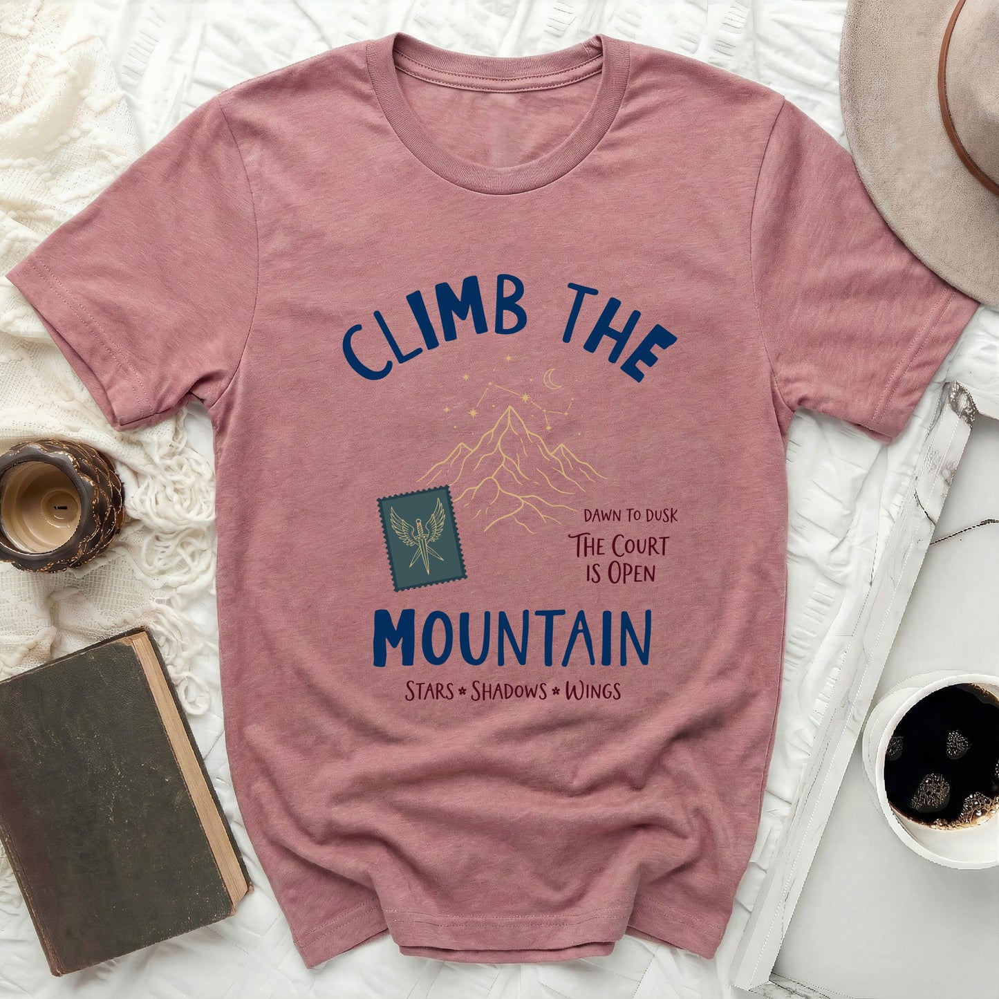 Climb The Mountain Stars Shadows Wings Court Is Open product type
T-shirt, Shirt, Top, Dusty Rose Shirt, Mountain Design, Stars Wings Shirt, Bookish Tee, Fantasy Apparel, Literary Shirt, ACOTAR Inspired, Sarah J Maas Fan, Court Is Open, Climb Mountain, Fae Court, Book Lover Gift, Celestial Design, Graphic Tee, Unique Shirt, Reading Shirt, Night Court
