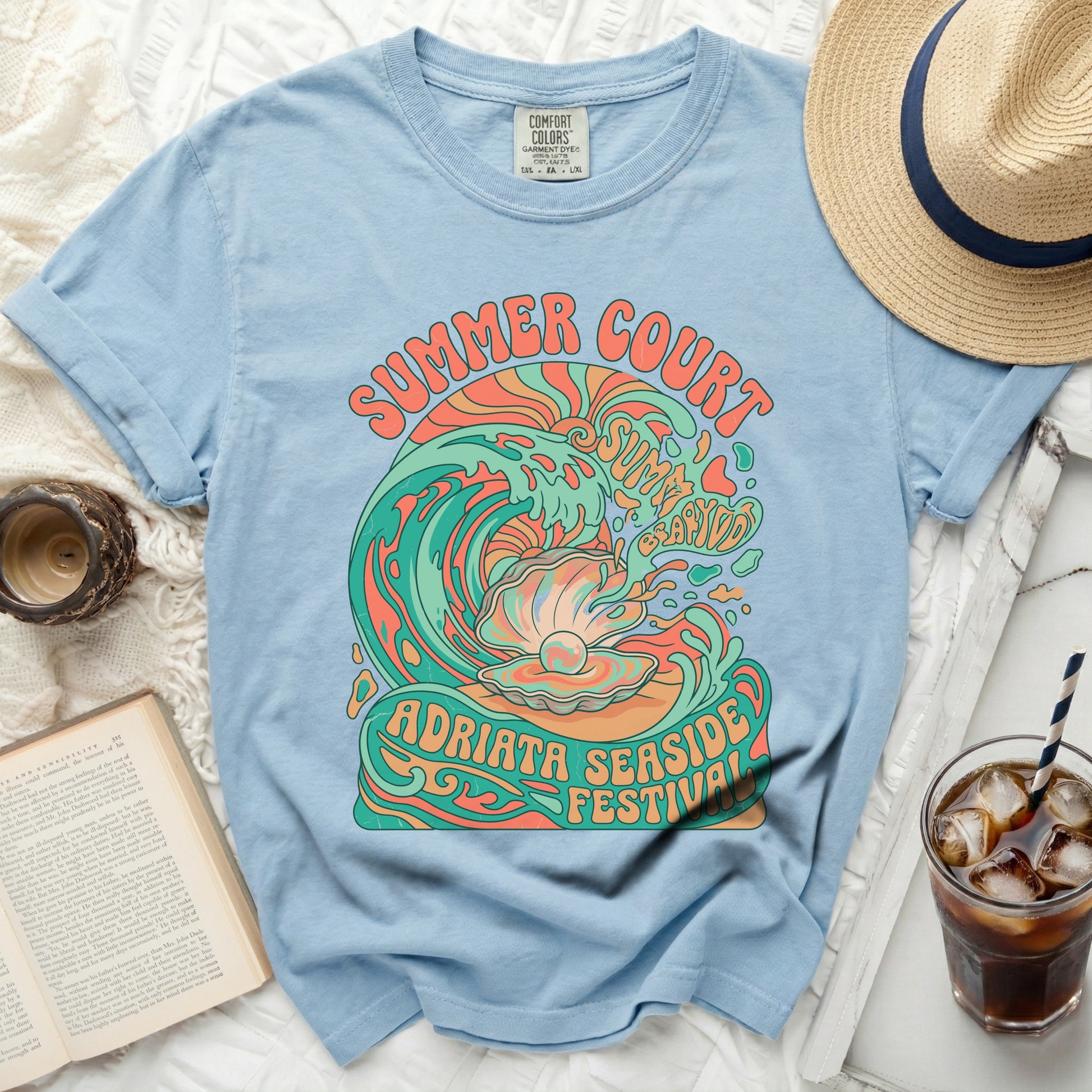 Light blue t-shirt with "Summer Court Adriata Seaside Festival" graphic.