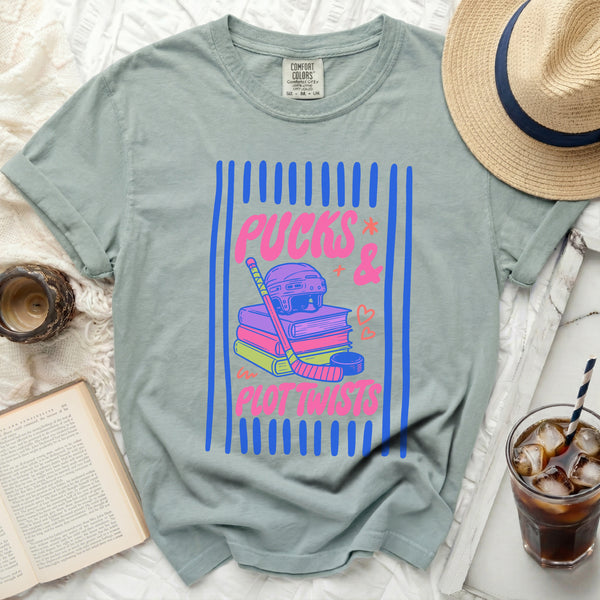 Pucks & Plot Twists Reading Nook Tee in Bay