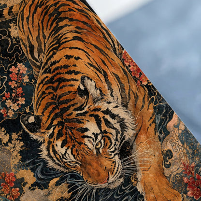 Tiger with intricate floral and water patterns, close-up view.