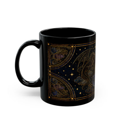 Black mug with gilded dragon and celestial clouds design.