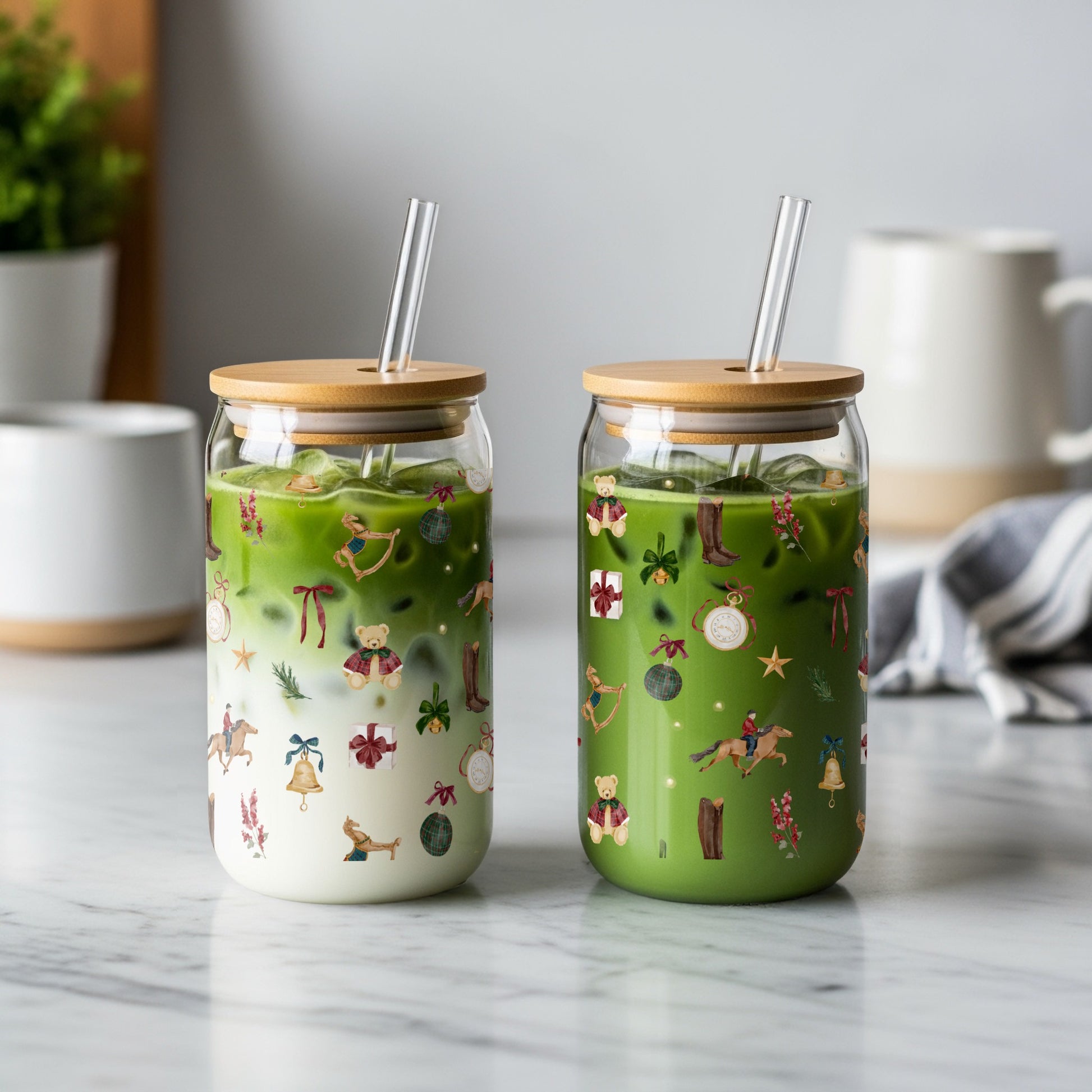 Decorated Jars with Bamboo Lids and Straws Drinkware