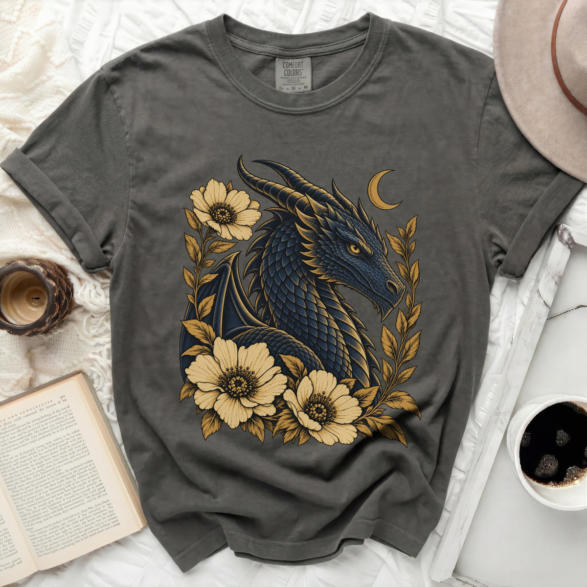 Dark gray t-shirt with a blue dragon, yellow flowers, and crescent moon design.