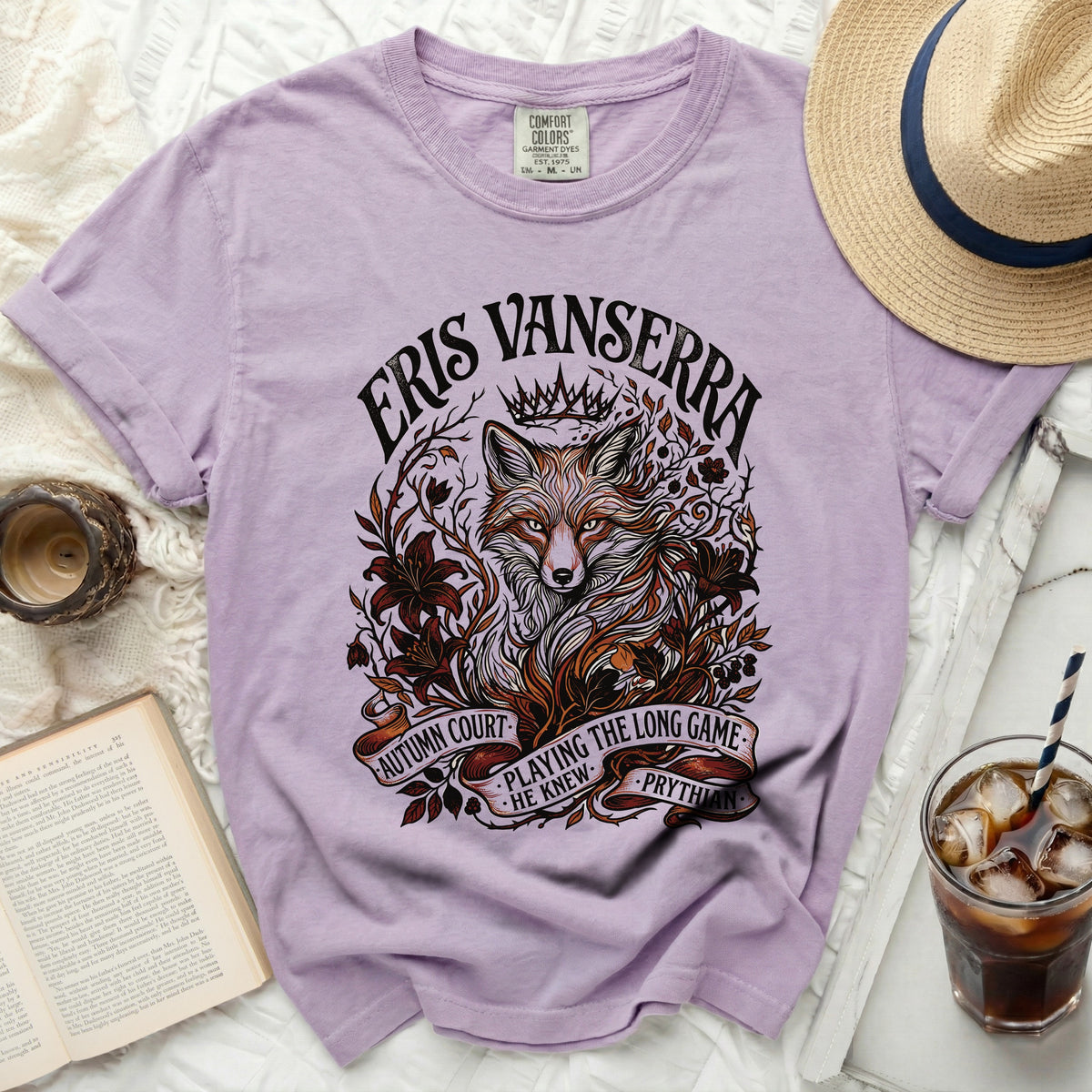 Purple t-shirt with Eris Vanserra fox graphic, autumn court, playing the long game.