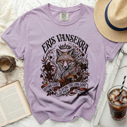 Purple t-shirt with Eris Vanserra fox graphic, autumn court, playing the long game.