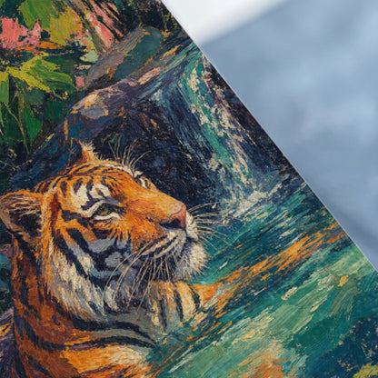 Textured oil painting of a tiger's head amidst lush, colorful foliage and water.