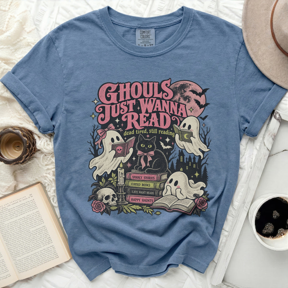 Ghouls Just Wanna Read t-shirt with ghosts, black cat, and books.