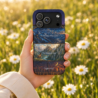 A hand holds a phone case featuring a stained glass design with three panels and inspirational quotes.