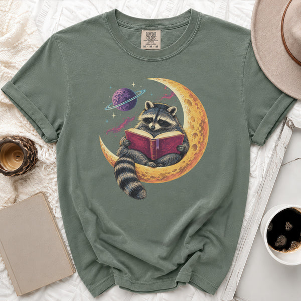 Cosmic Raccoon Reader Tee in Moss