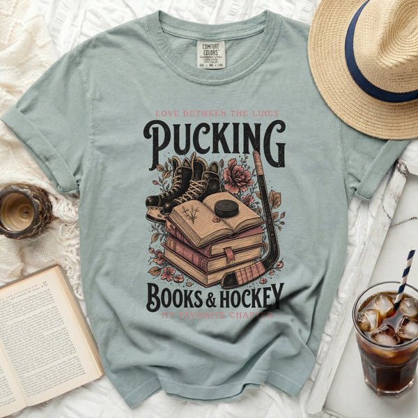 Pucking Books & Hockey Tee in Bay