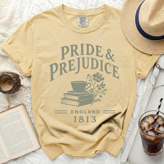 Yellow t-shirt with "Pride & Prejudice England 1813" graphic.