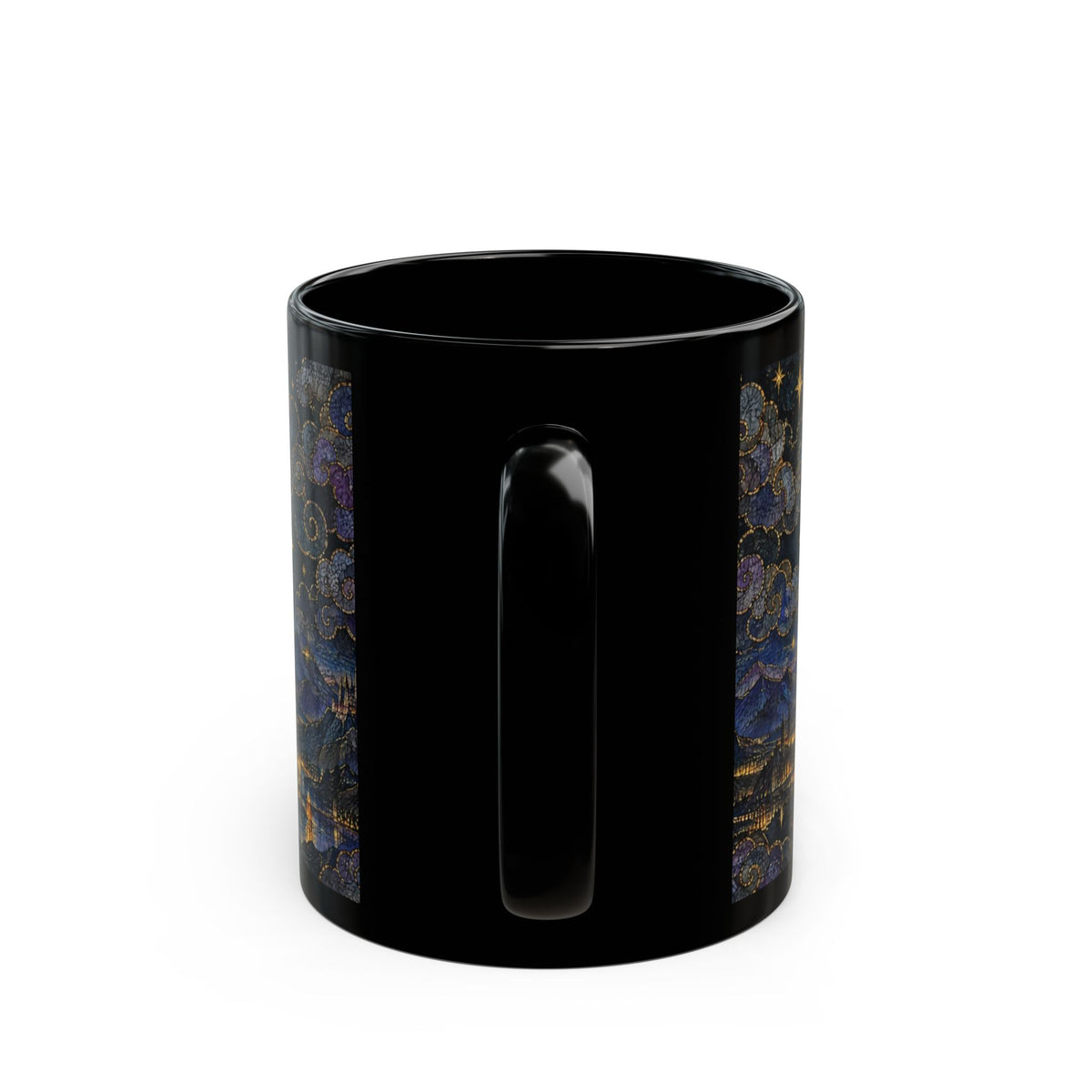 A black ceramic mug featuring a vertical panel of starry night sky and city silhouette art.